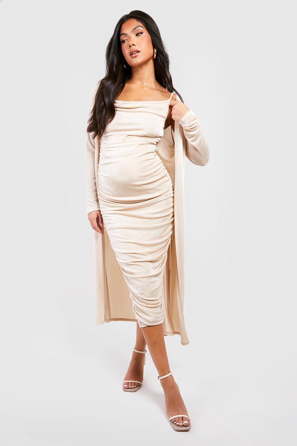 Women's Maternity Strappy Cowl Neck Dress And Duster Coat