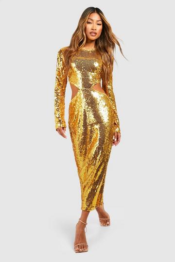 Sequin Cut Out Midi Dress gold