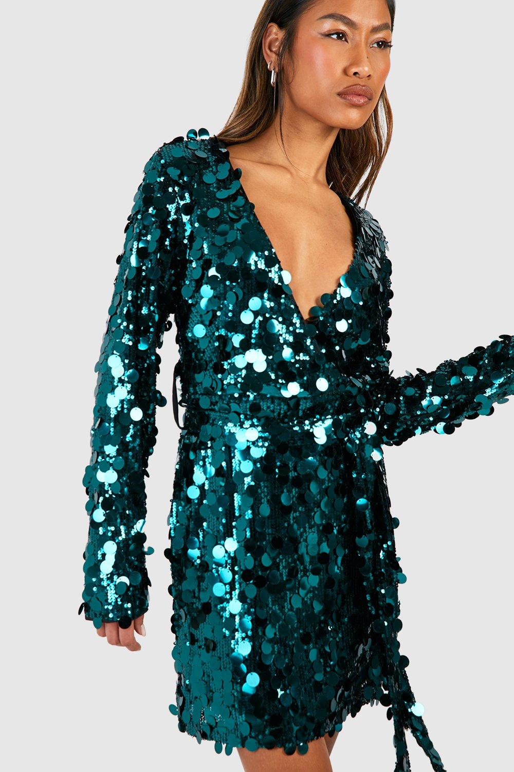 Long Sleeve Sequin V Wrap Maxi - Emerald