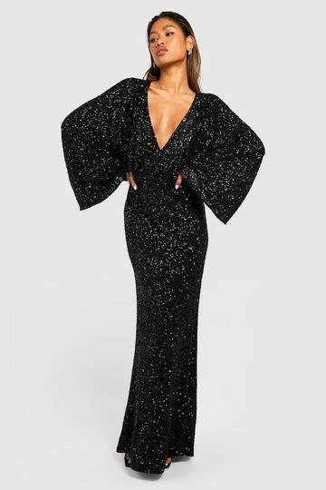 Sequin Angel Sleeve Maxi Dress black