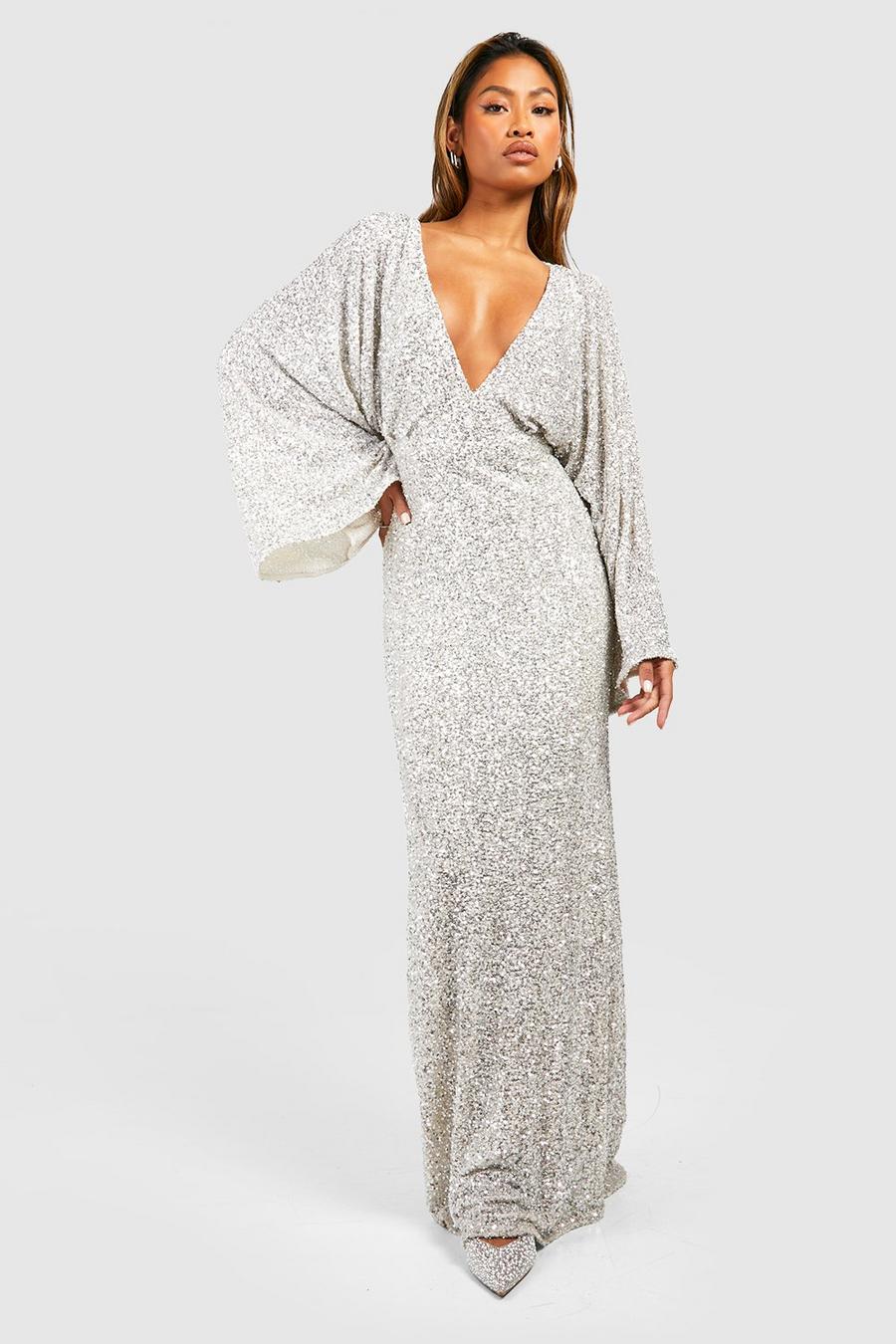 Silver Sequin Angel Sleeve Maxi Dress image number 1