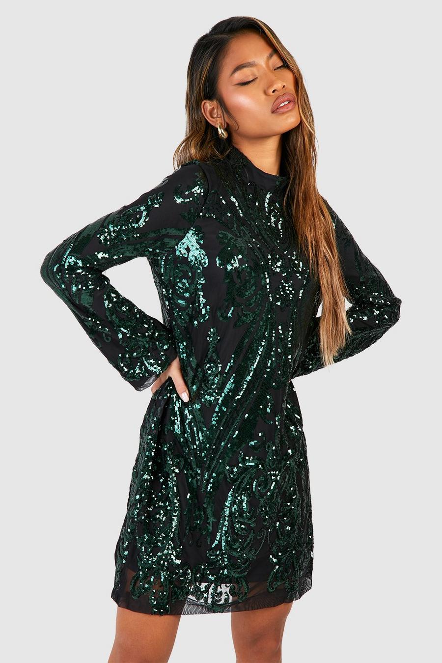 Olive Rak klänning med paljetter och hög hals image number 1