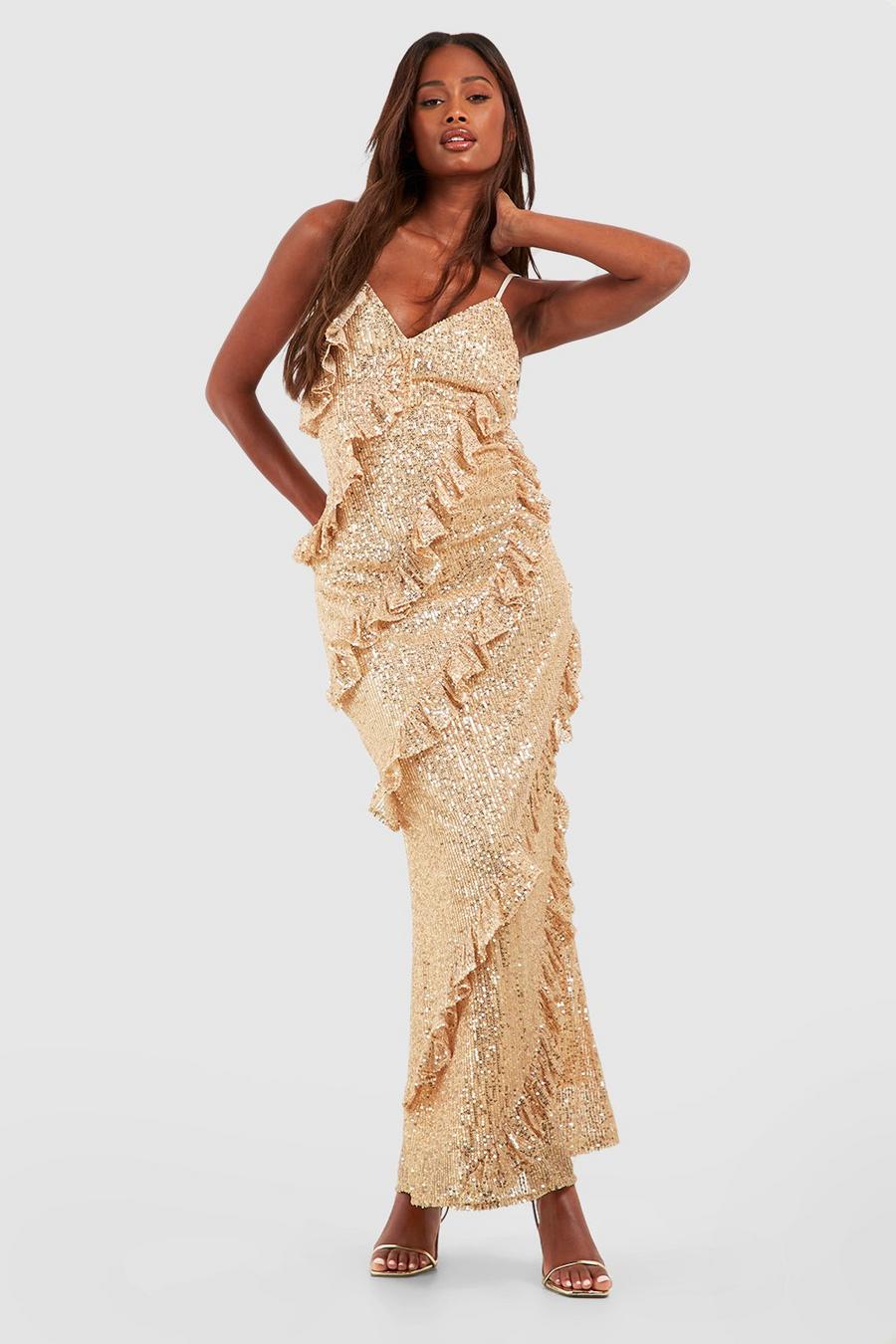 Gold Sequin Ruffle Maxi Dress image number 1