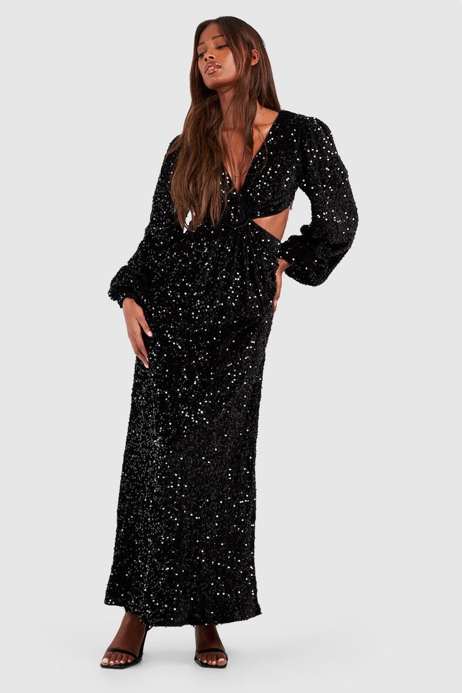 Black Velvet Sequin Cut Out Maxi Dress image number 1