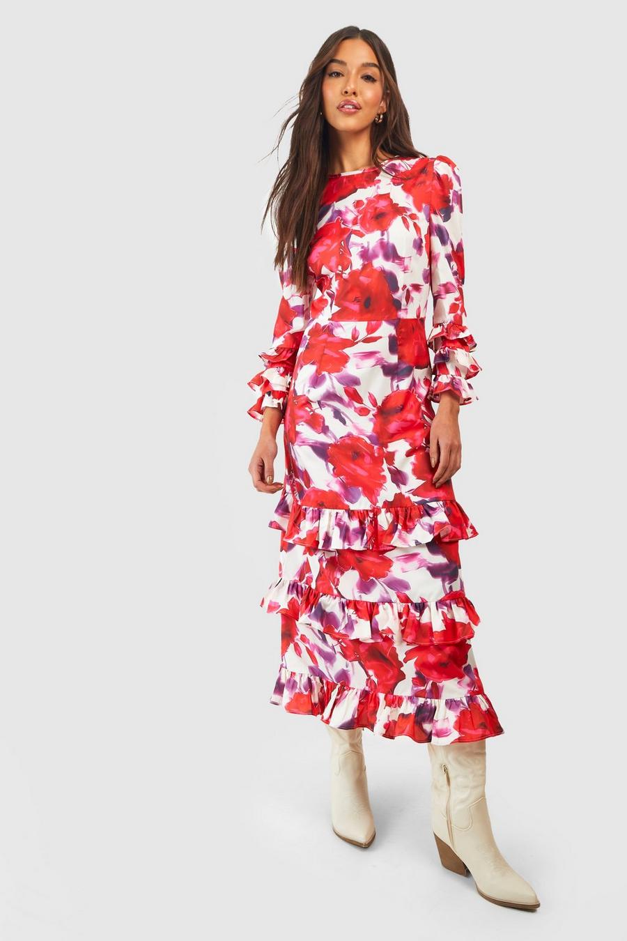 Red Floral Ruffle Midaxi Dress