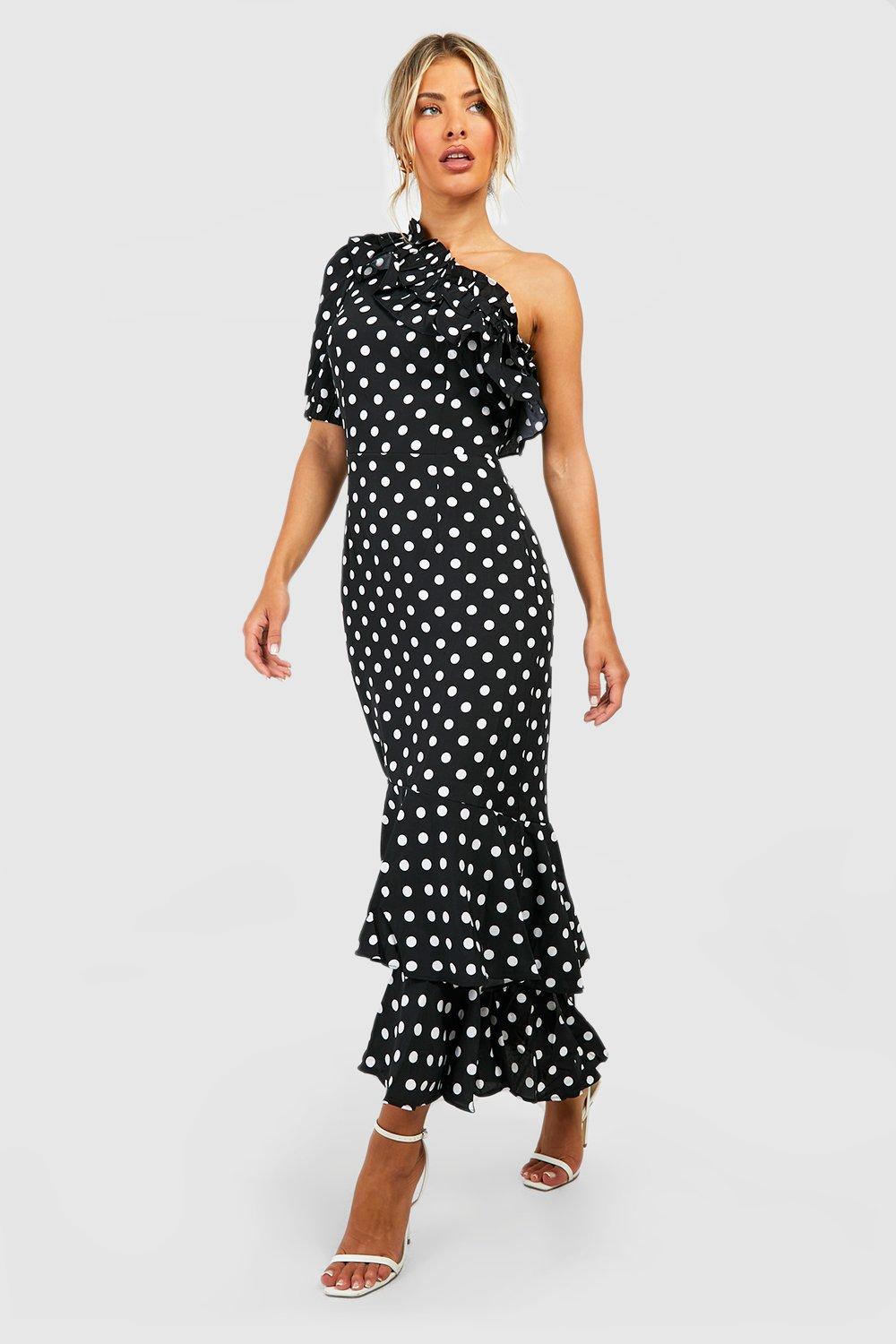 Boohoo tiered ruffle mini dress with keyhole tie detail in mono polka dot sale