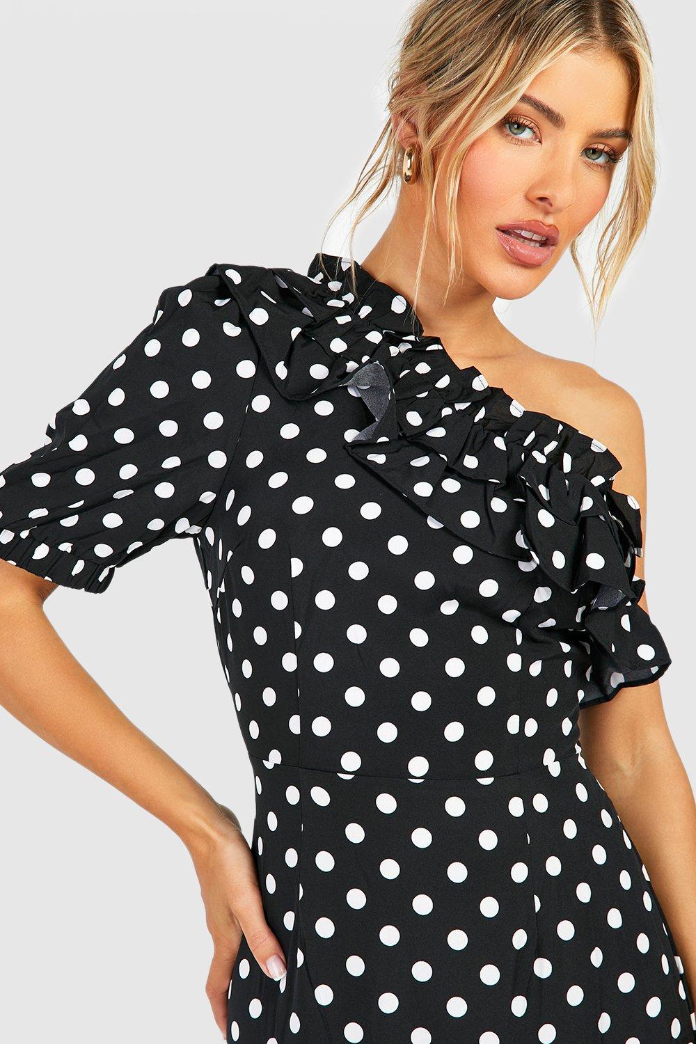 Boohoo tiered ruffle mini dress with keyhole tie outlet detail in mono polka dot