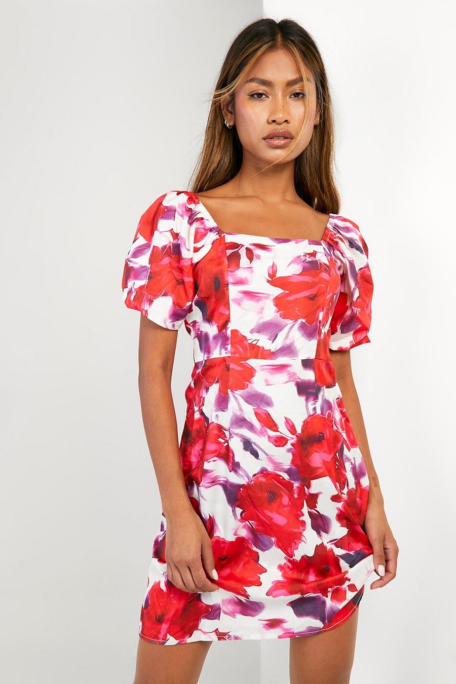 Red Floral Puff Sleeve Mini Dress image number 1