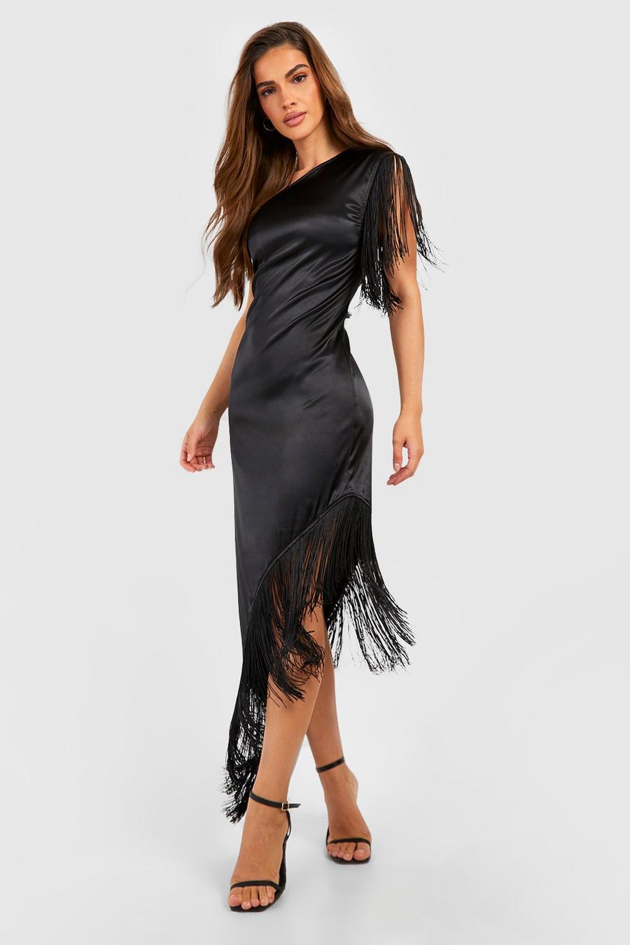 Black Satin Fringe Trim One Shoulder Midi Dress