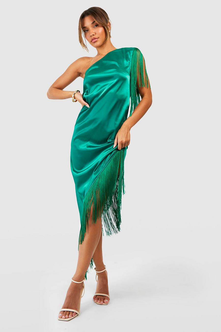 Green Satin Fringe Trim One Shoulder Midi Dress