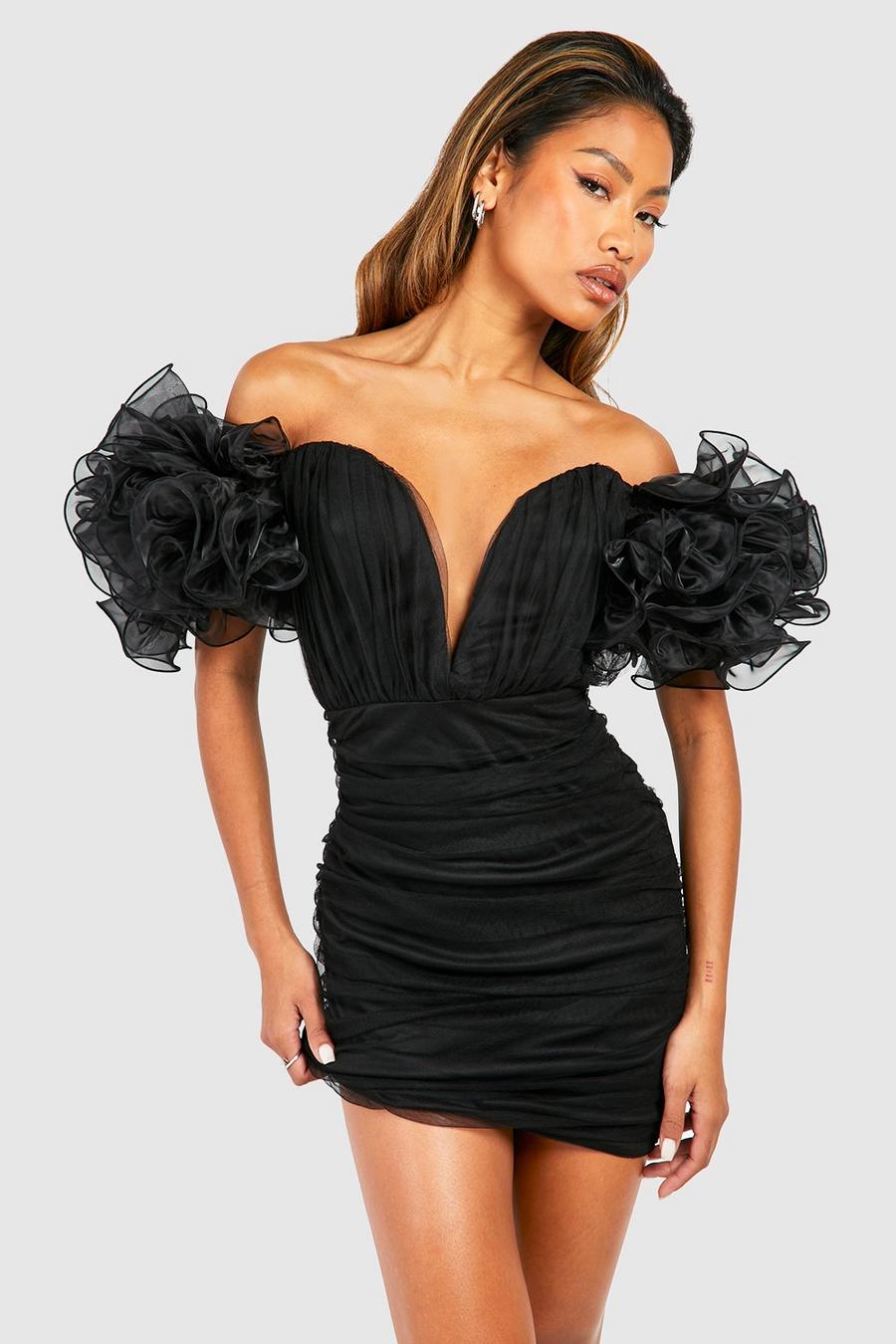 Black Tulle Ruched Shoulder Bodycon Dress