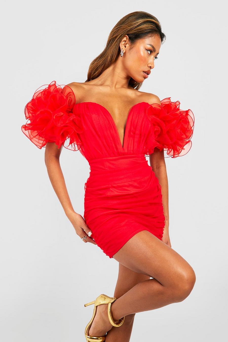 Red Tulle Ruched Shoulder Bodycon Dress image number 1