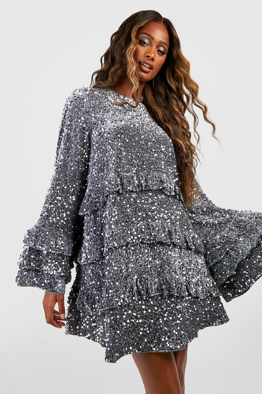 Silver Sequin Ruffle Detail Smock Dress image number 1