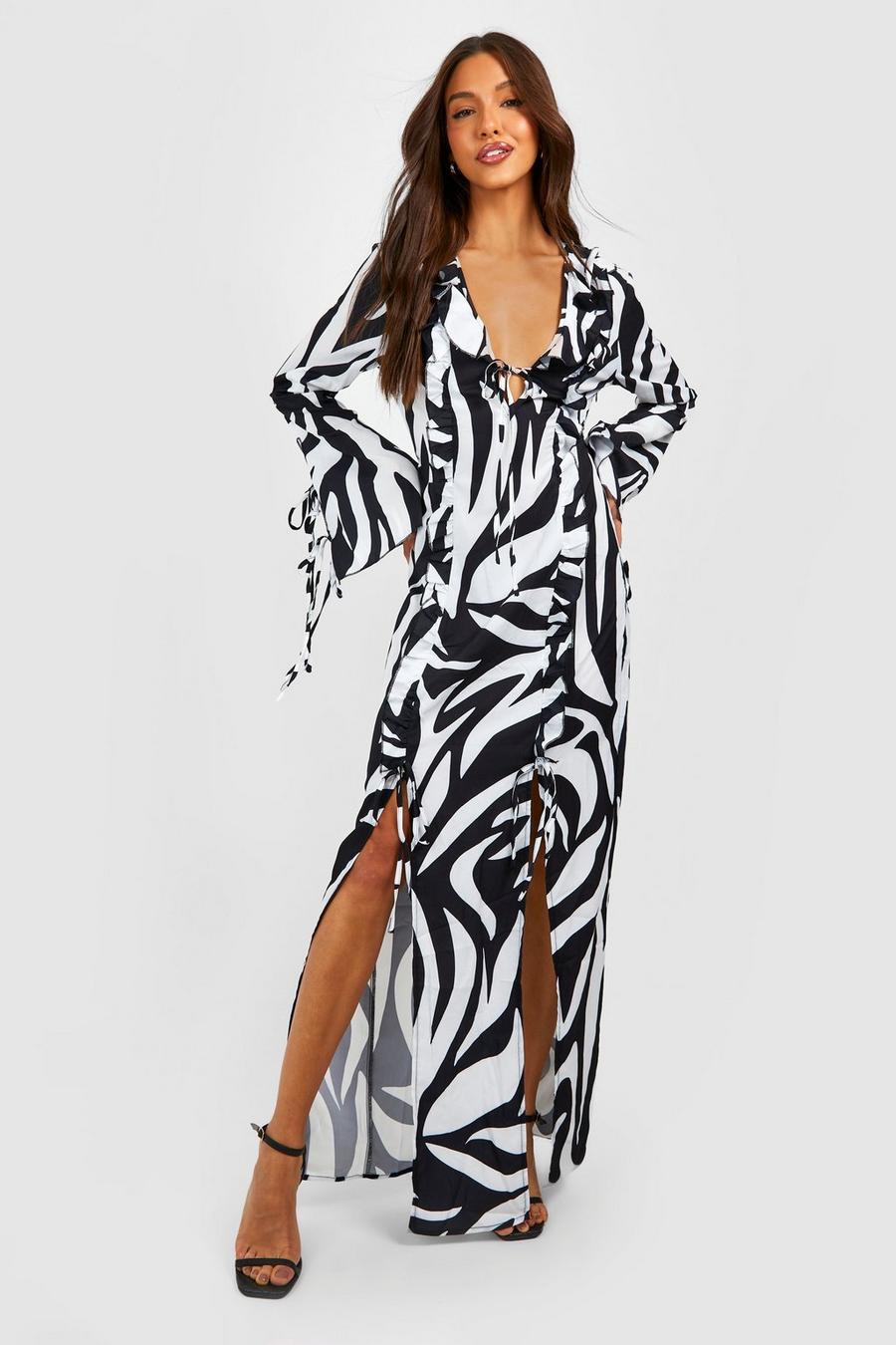 Black Zebra Ruffle Detail Maxi Dress
