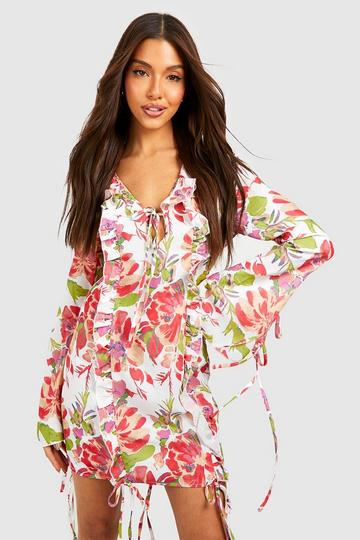 Pink Floral Ruffle Detail Shift Dress