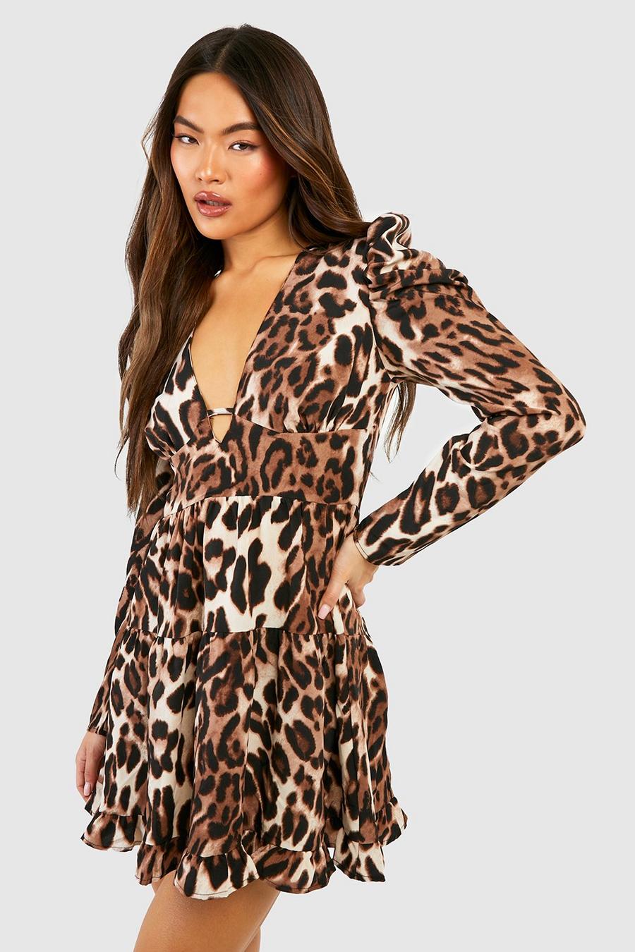 Brown Leopard Puff Sleeve Smock Dress image number 1