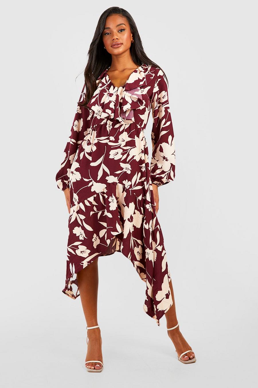 Berry Floral Ruffle Smock Midi Dress image number 1