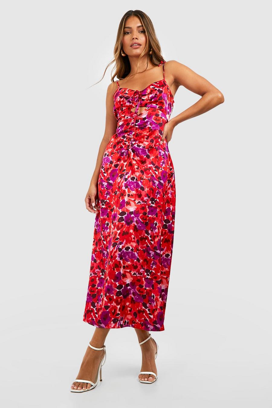 Pink Floral Ruched Midaxi Dress