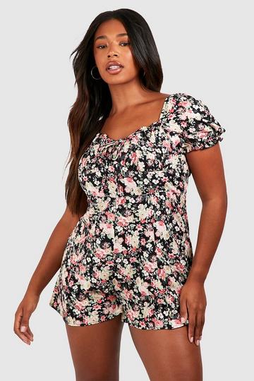 Plus Floral Print Ruched Sweetheart Romper black