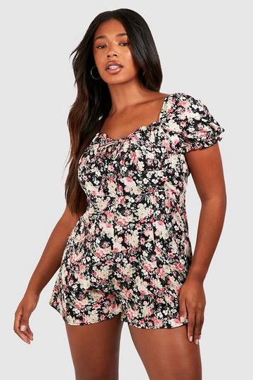 Plus Floral Print Ruched Sweetheart Playsuit black