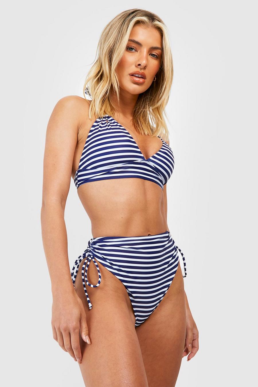 Top bikini allacciato al collo a righe nautiche con scollo profondo, Navy azul marino