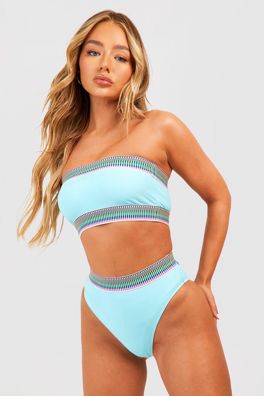 Top bikini a fascia con striscia a righe e finiture, Blue image number 1