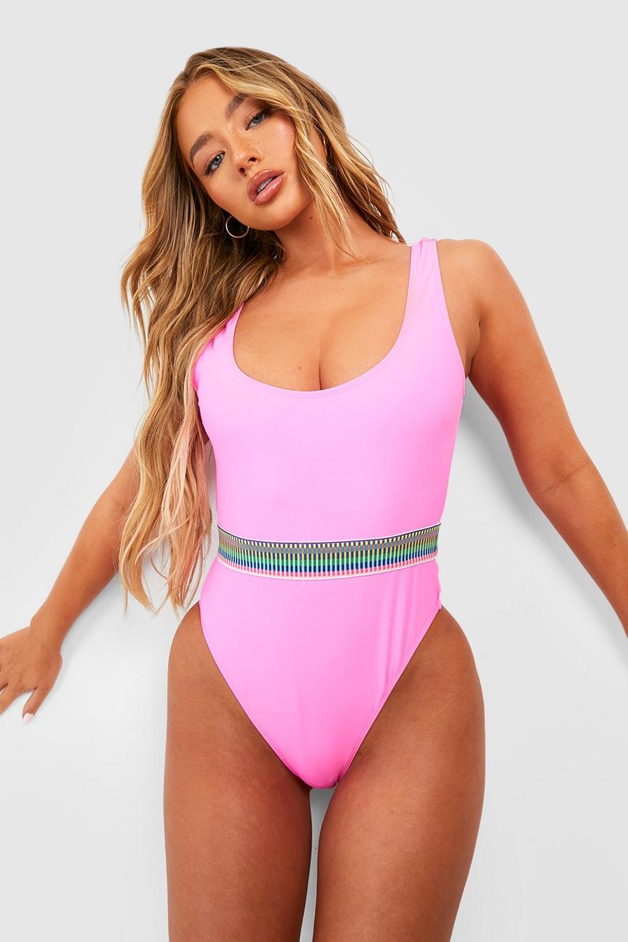 Pink Stripe Tape Trim Scoop Swimsuit image number 1