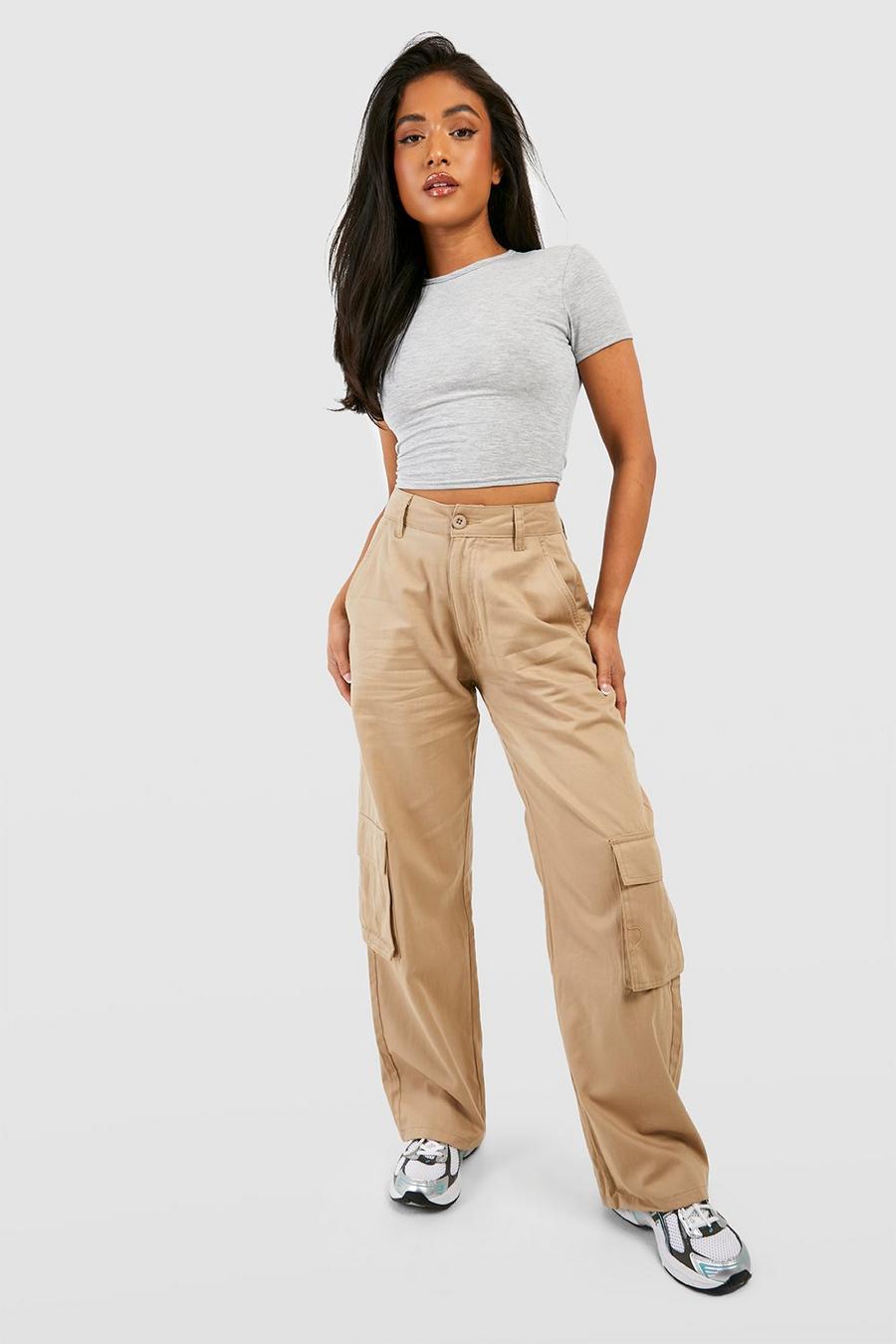 Taupe beige Petite High Waisted Twill Straight Leg Cargo Pants