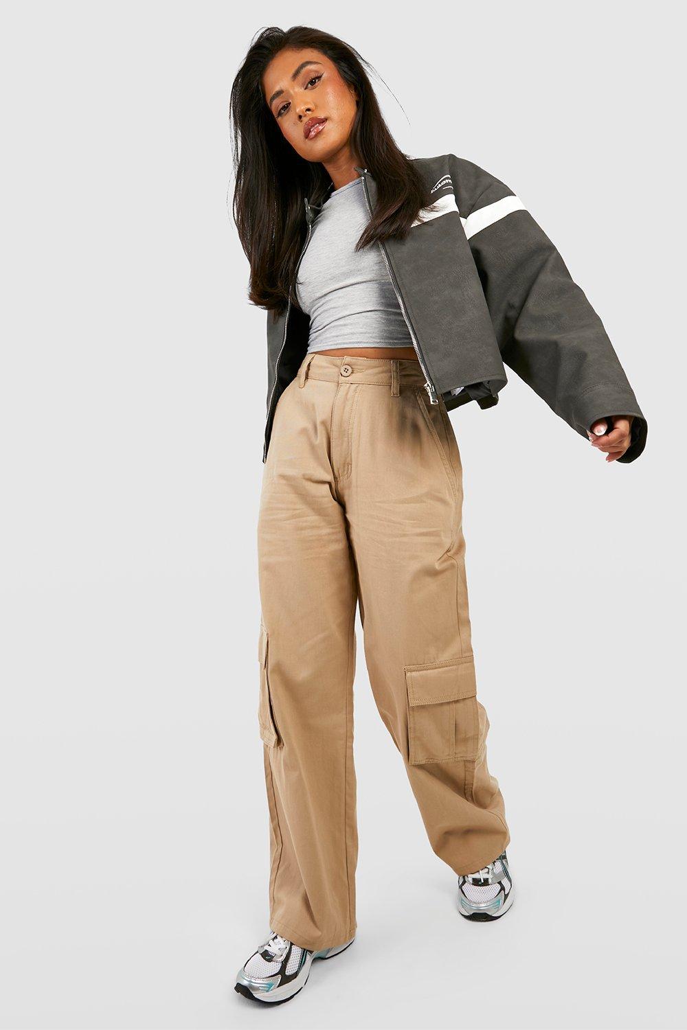 Petite Keperstof High Waist Cargo Broek Met Rechte Pijpen