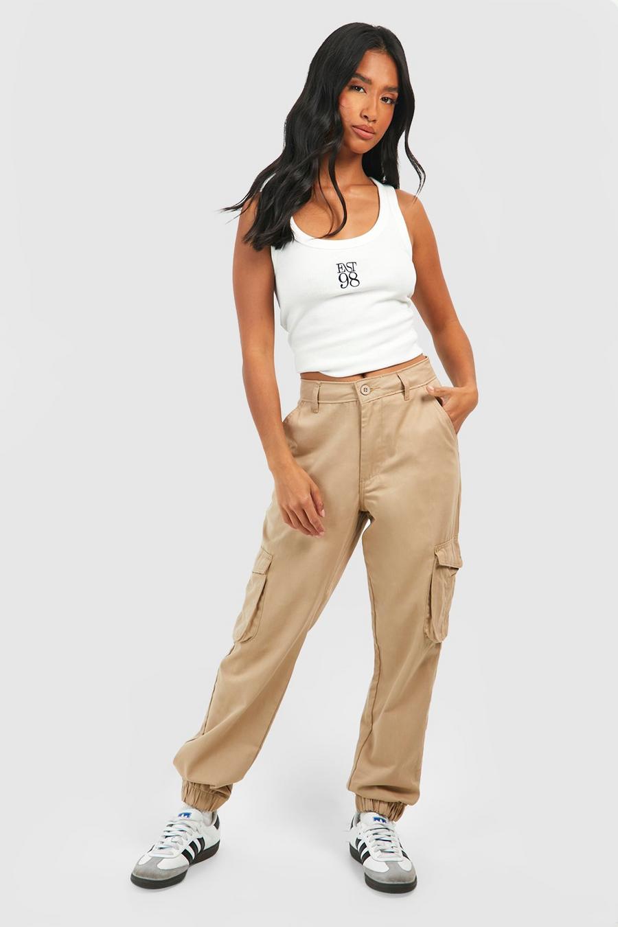 Taupe beige Petite High Waisted Twill Cargo Joggers