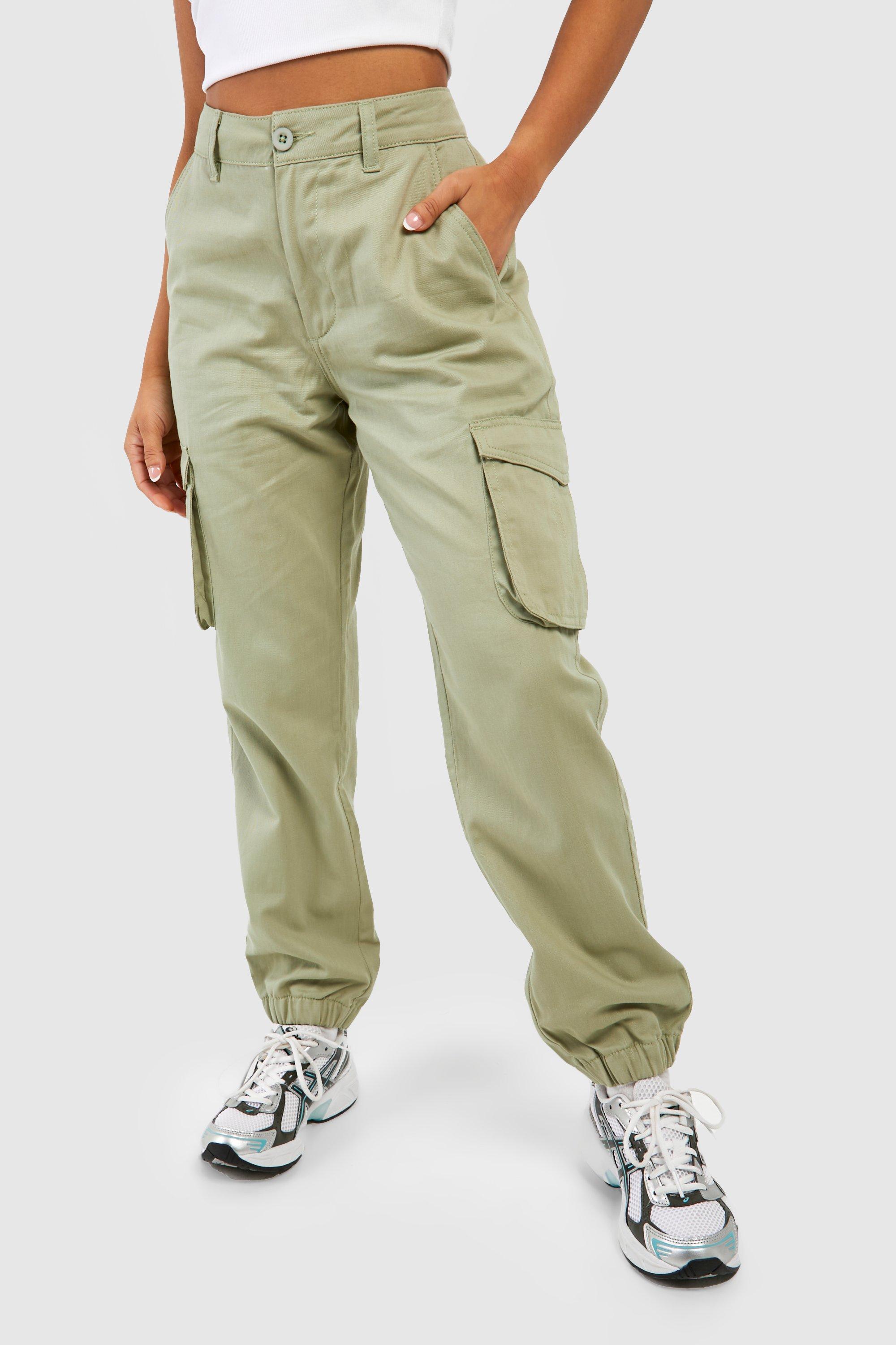 Khaki Twill Pocket High Waist Cargo Trousers