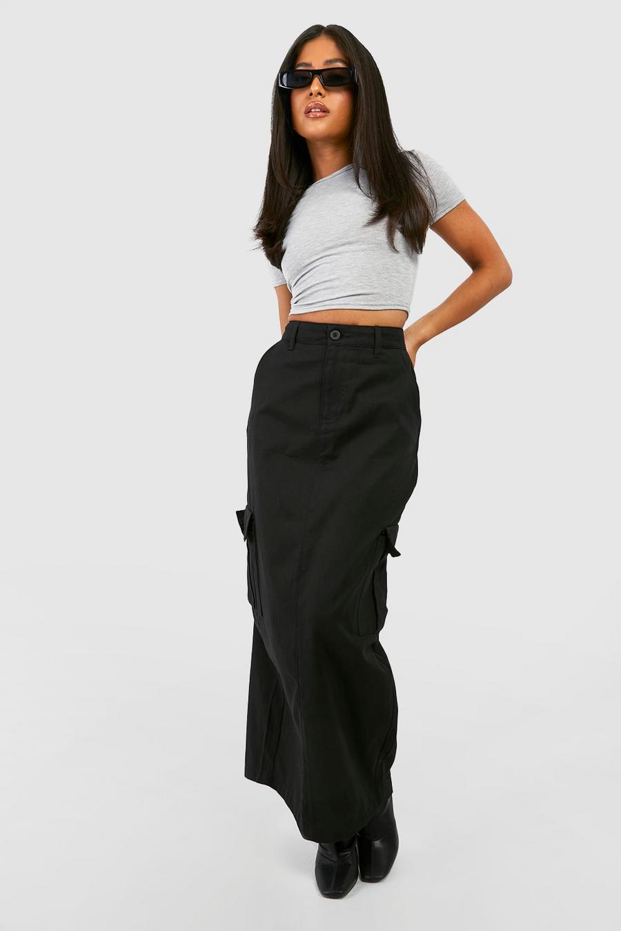 Black Petite High Waisted Twill Cargo Midaxi Skirt image number 1