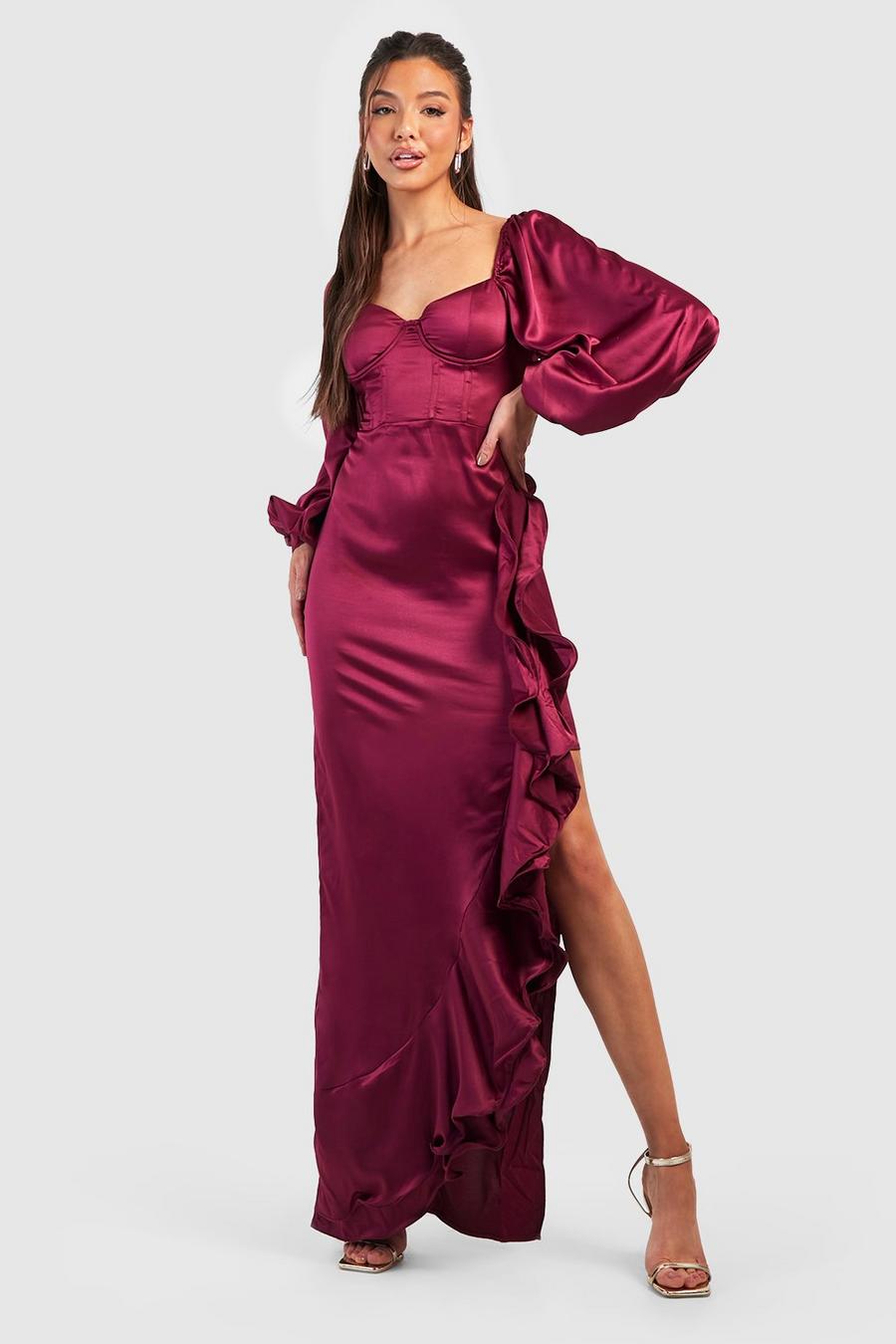 Berry Satin Corset Detail Ruffle Maxi Dress image number 1