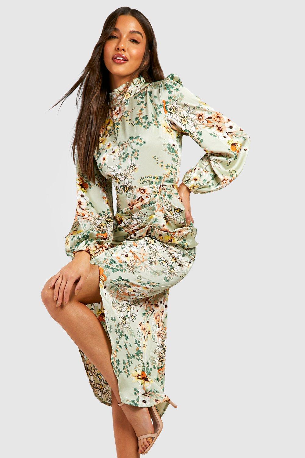 Floral Print High Neck Ruched Midi Dress