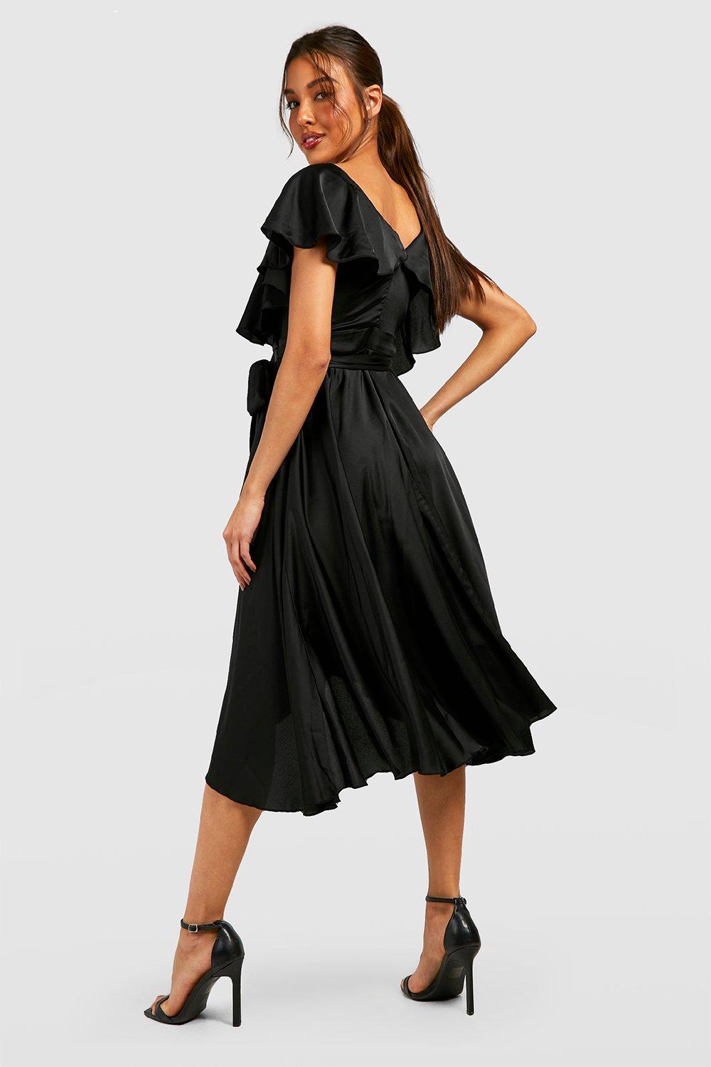 Satin Ruffle Wrap Detail Skater Dress