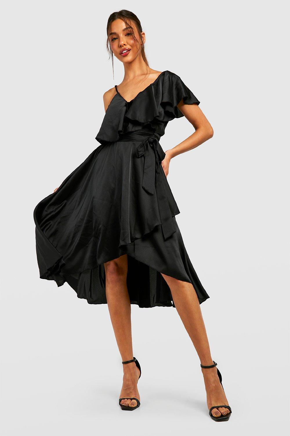 Satin Ruffle Wrap Detail Skater Dress