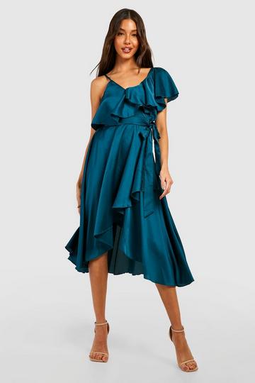 Teal Green Satin Ruffle Wrap Detail Skater Dress