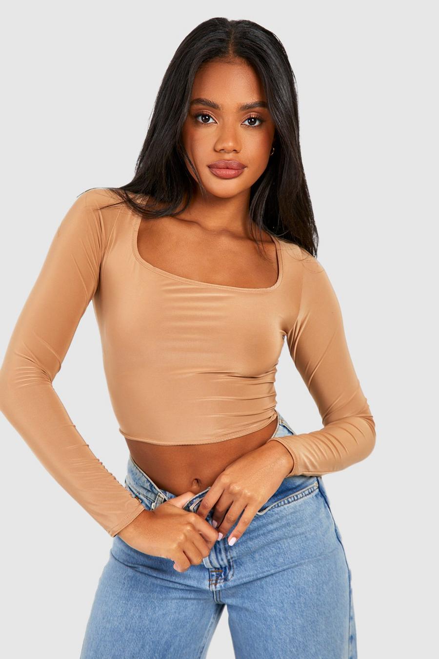 Beige Square Neck Cropped T-Shirt