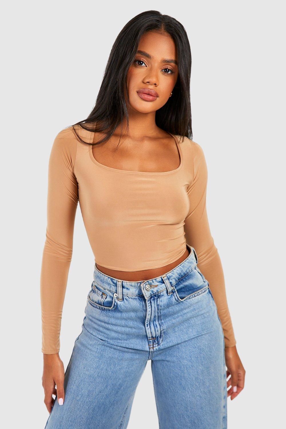 Beige Square Neck Cropped T-Shirt