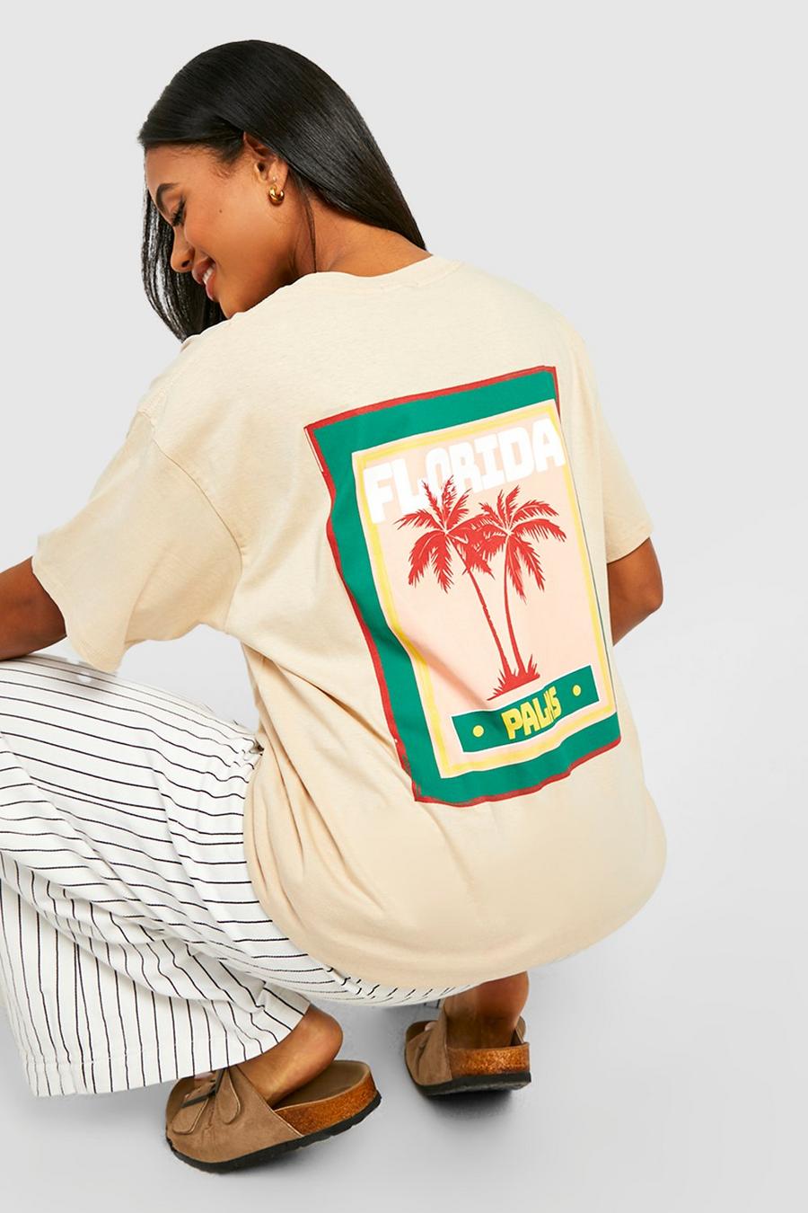 Camiseta oversize con estampado de palmeras en la espalda, Sand beis image number 1
