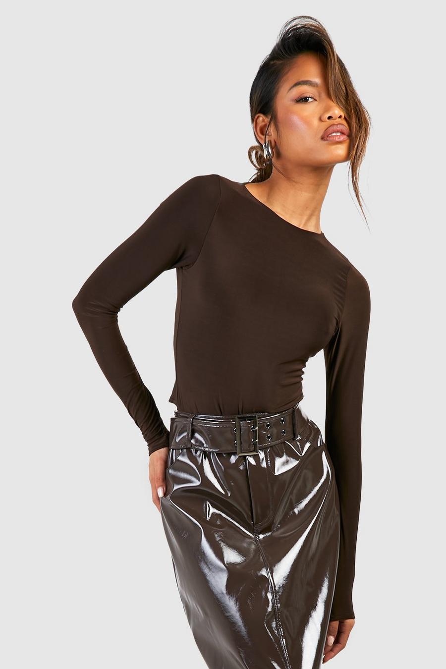 Chocolate Long Sleeve Double Layer Bodysuit   image number 1