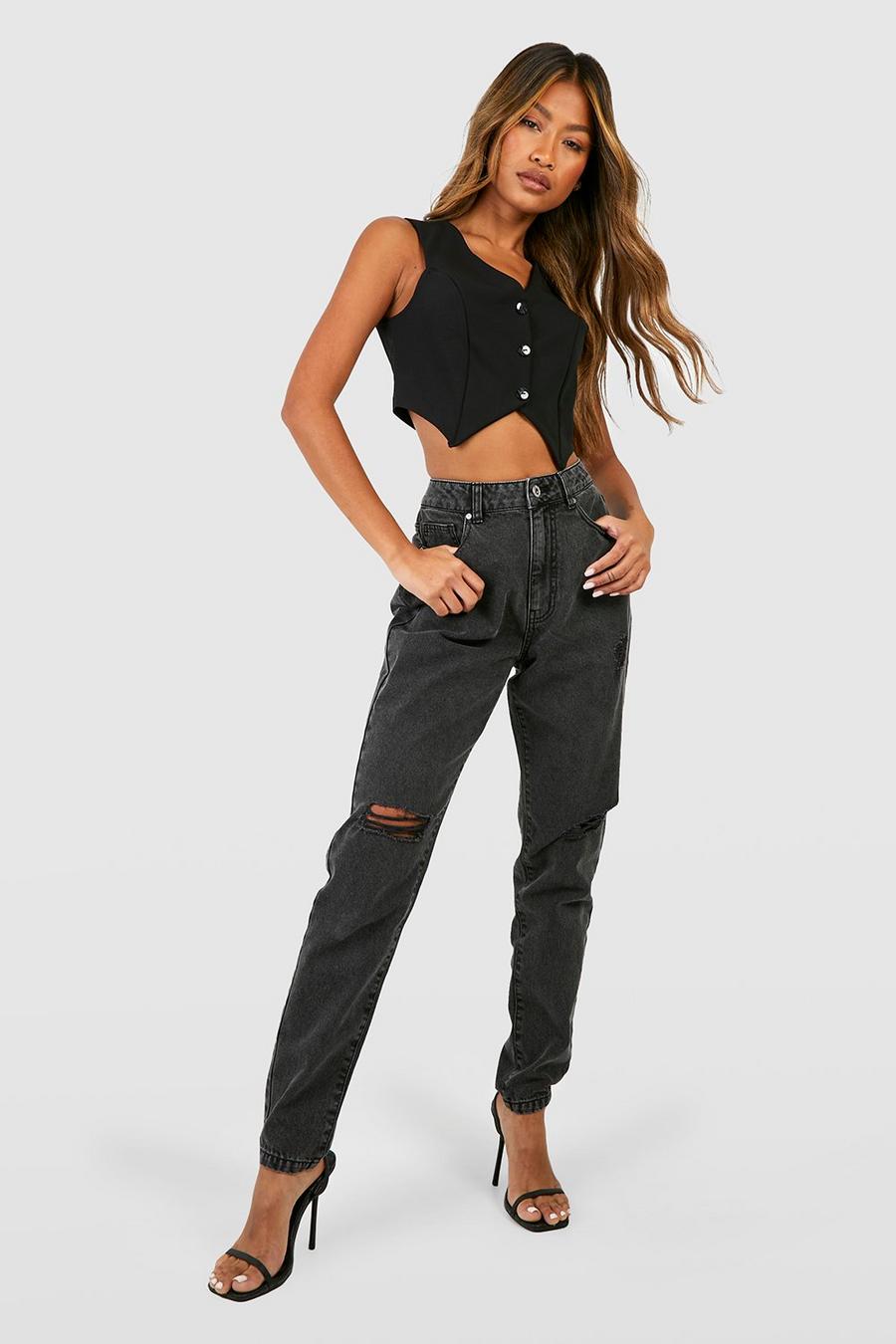 Washed black Basics High Waisted Ripped Mom Jeans image number 1