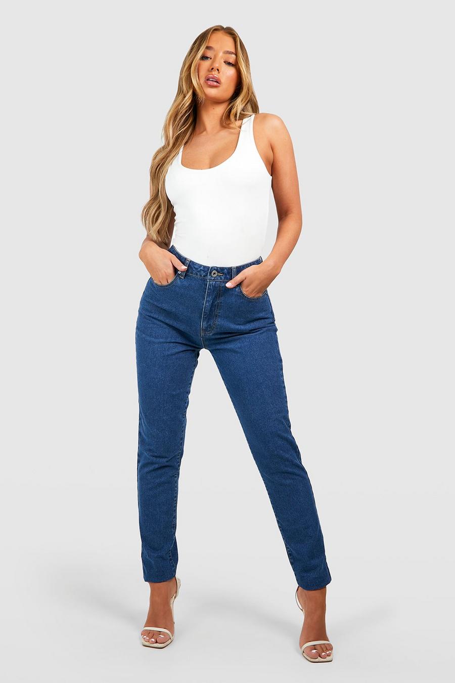 Basic Mom-Jeans mit hohem Bund, Washed indigo blue