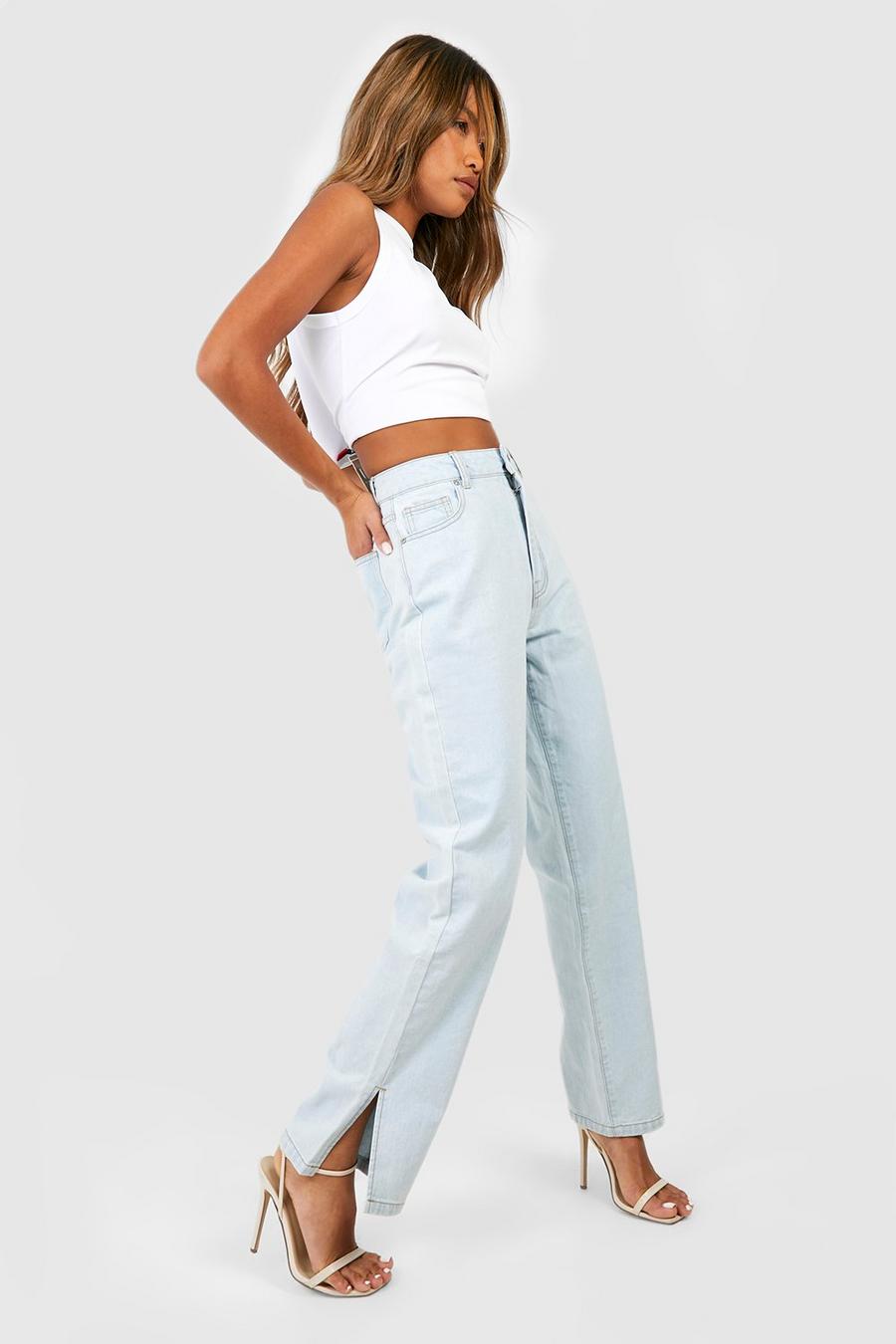 Basic Jeans mit hohem Bund, geteiltem Saum und geradem Bein, Bleach wash image number 1