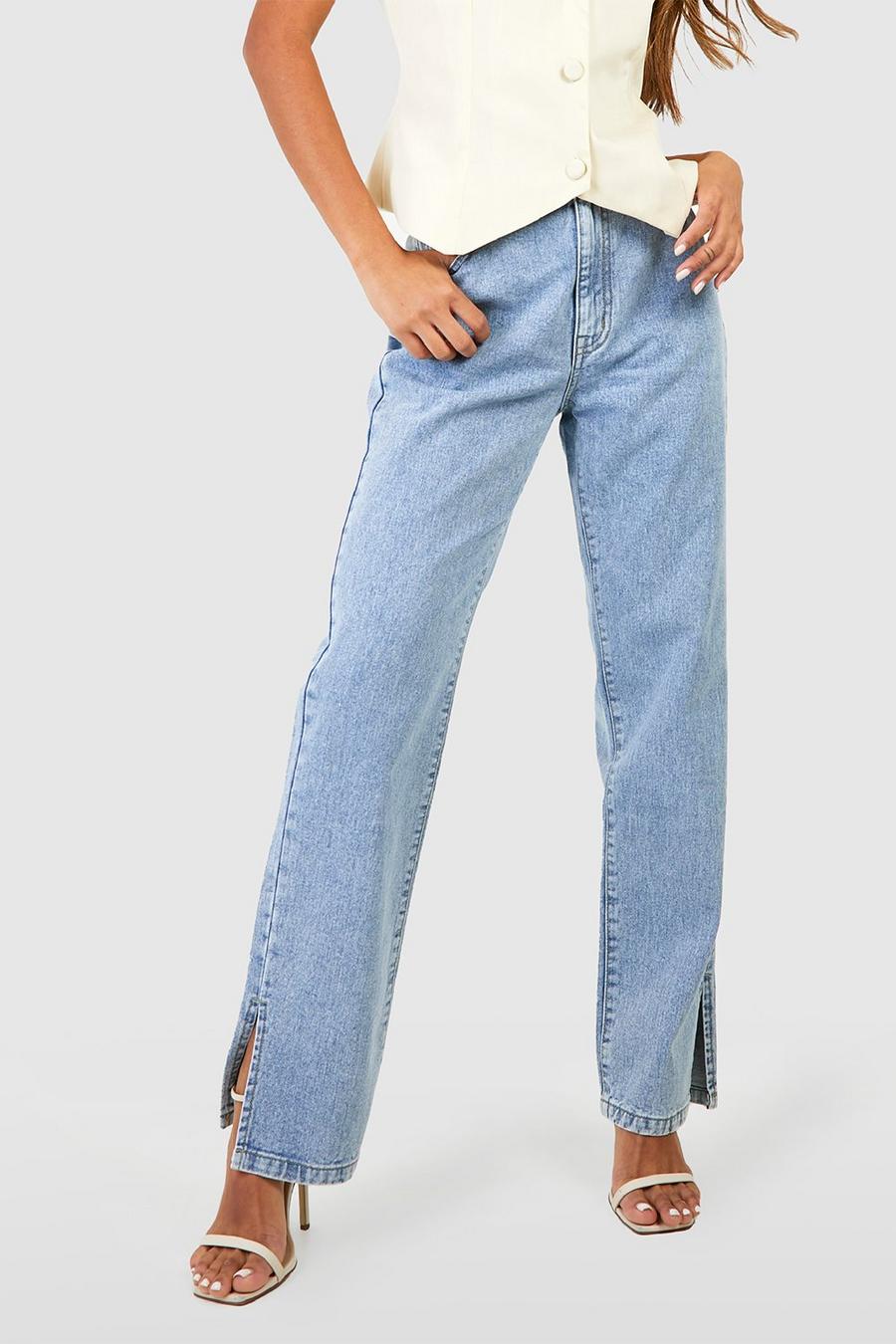 Basic Jeans mit hohem Bund, geteiltem Saum und geradem Bein, Light blue image number 1