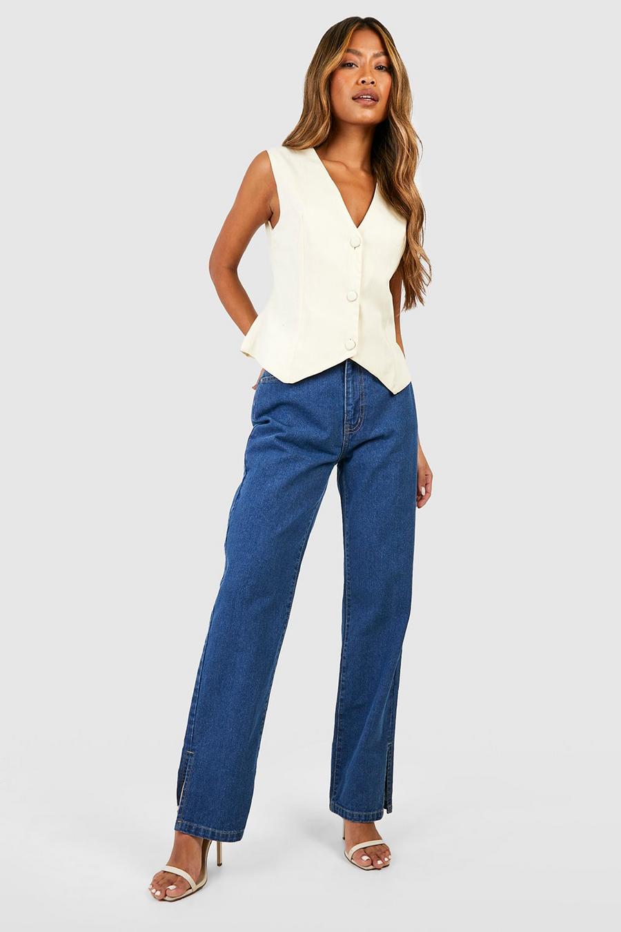 Basic Jeans mit hohem Bund, geteiltem Saum und geradem Bein, Washed indigo image number 1