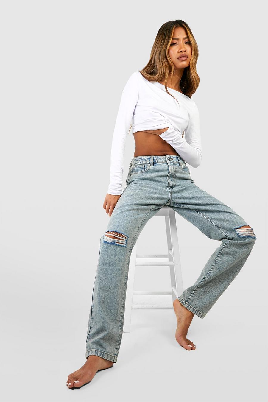 Washed blue Basics High Waisted Straight Leg Ripped Knee Jeans image number 1