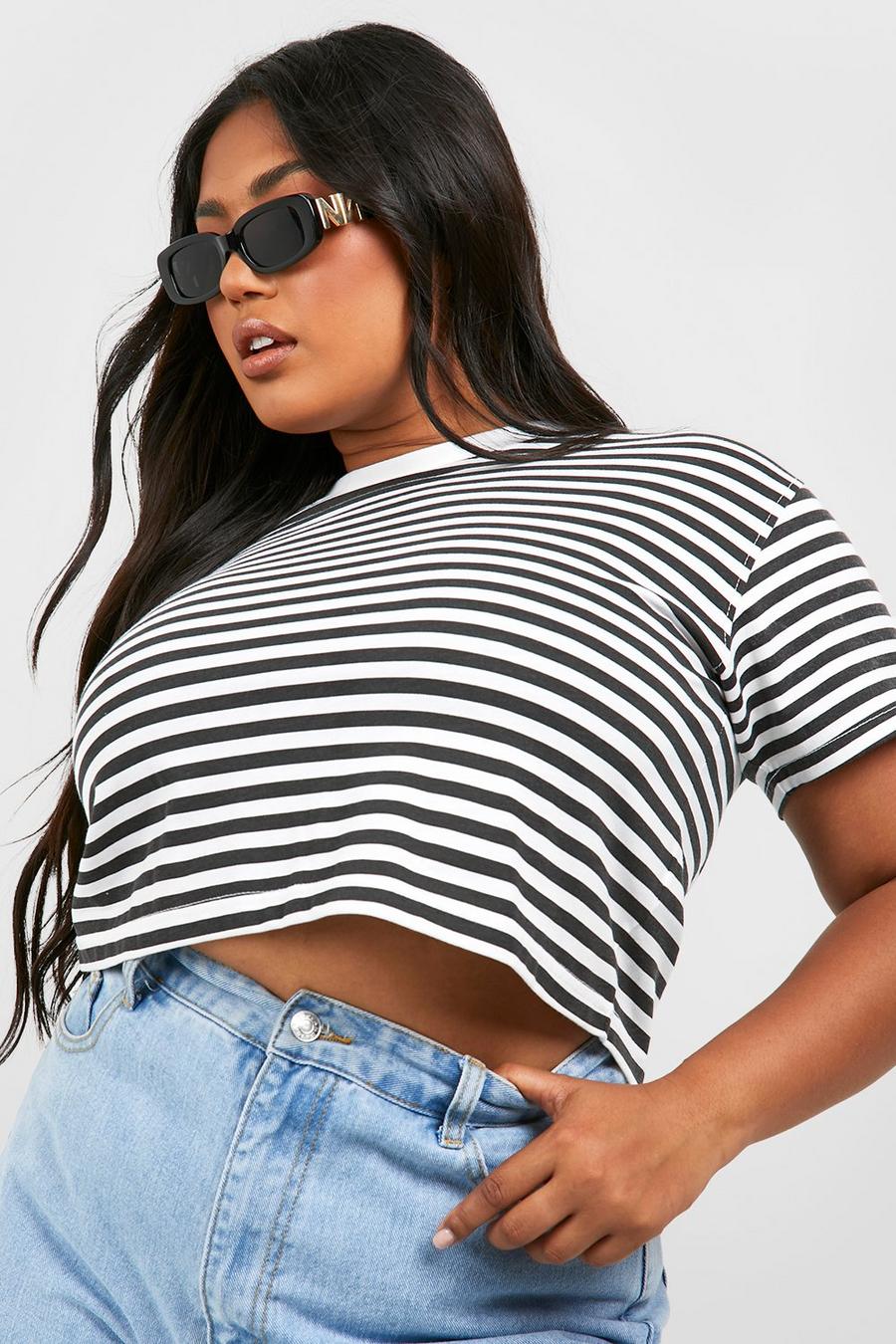 Black Plus Boxy Stripe Cropped T-shirt 
