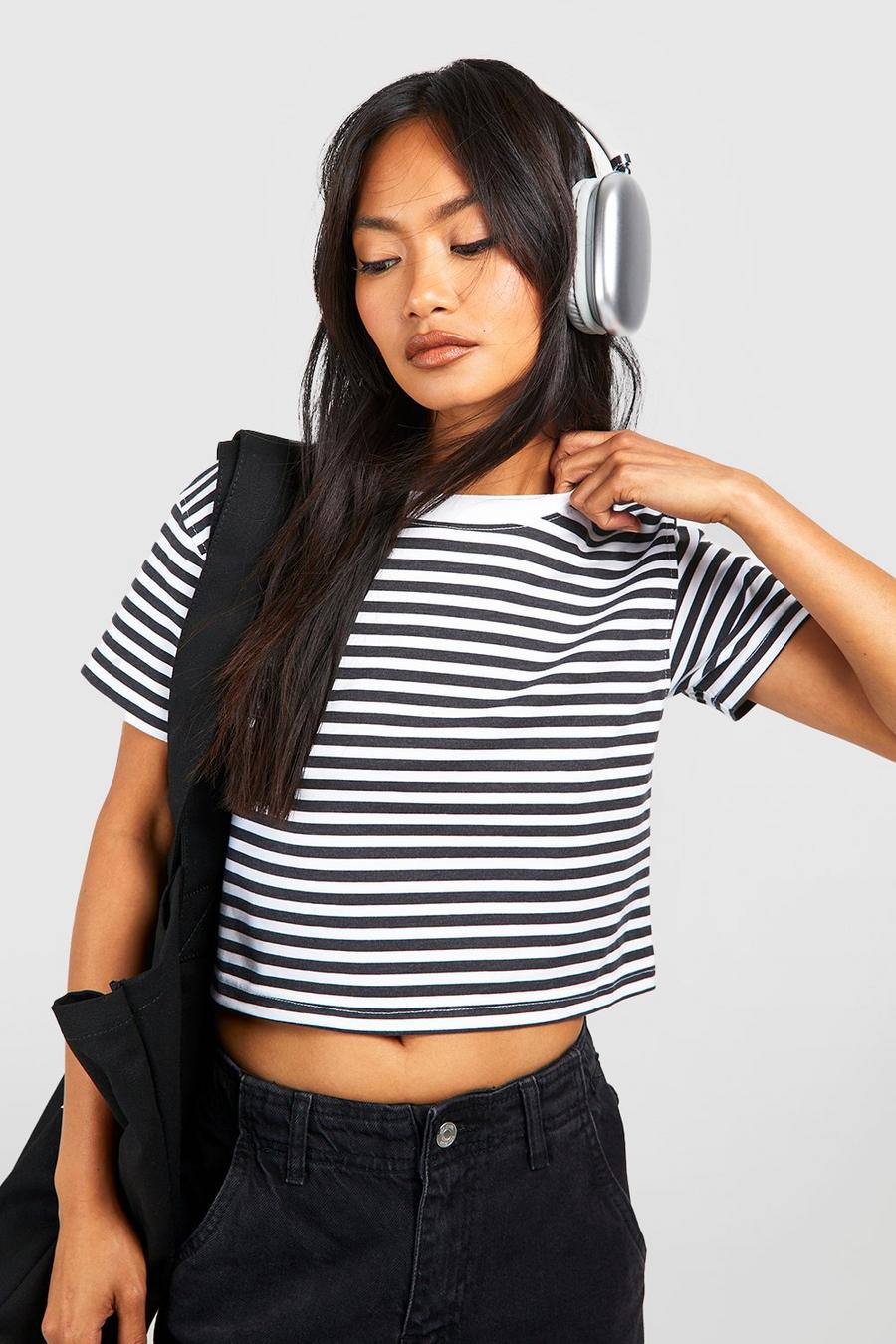 Black Boxy Stripe Cropped T-shirt 