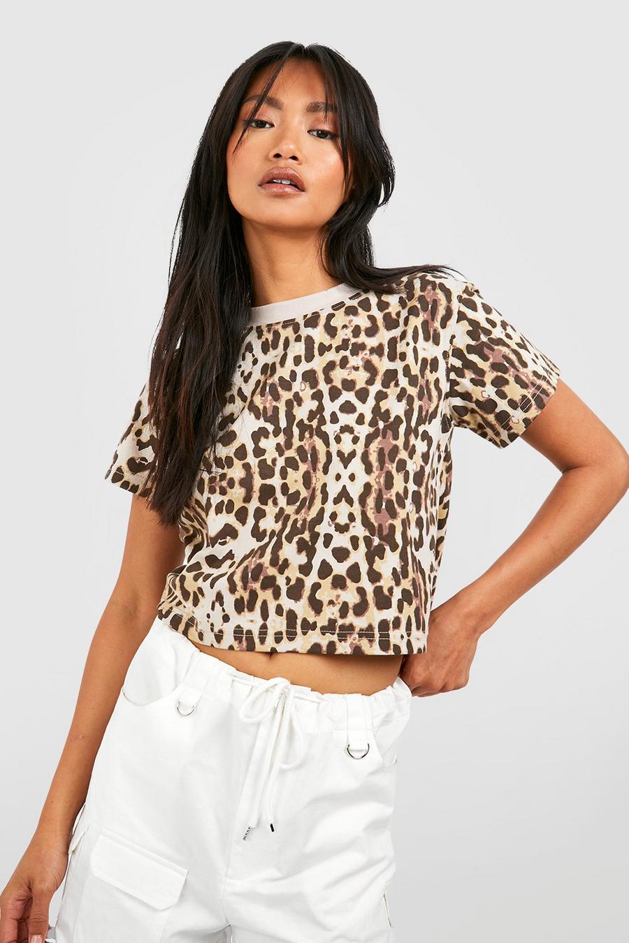 Camiseta crop recta con estampado de leopardo, Leopard image number 1